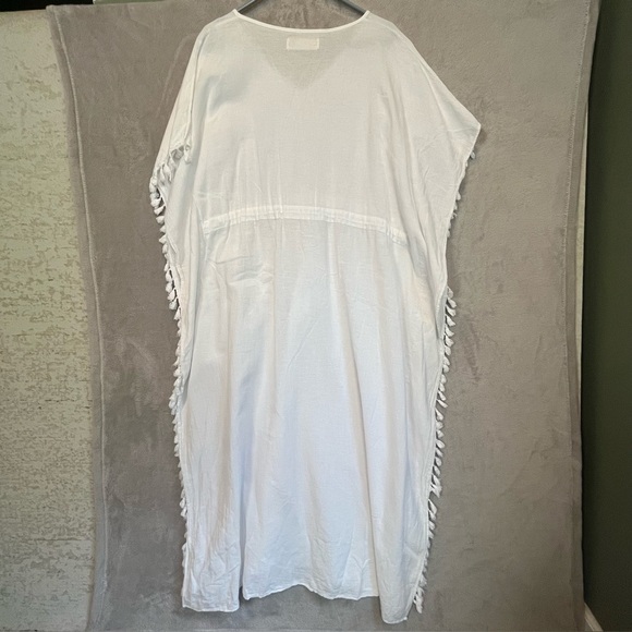 Peruvian Cotton Resortwear White Maxi Kaftan Cover Up Fringe Sz M Made in Peru - Picture 9 of 13
